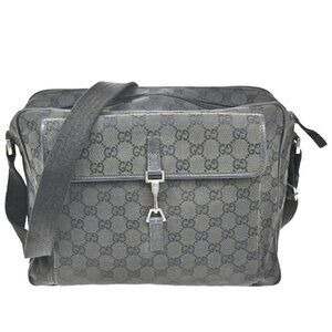 GUCCI Logo GG Crossbody Shoulder Bag Canvas Leather Black Italy SHW